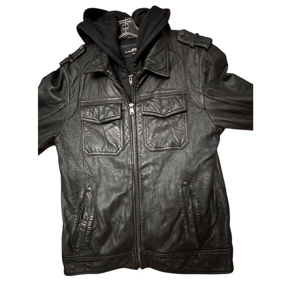 Black Rivet Leather Jacket GIII Mens SMALL Bomber Removable Hood MSRP $600 - Picture 1 of 16